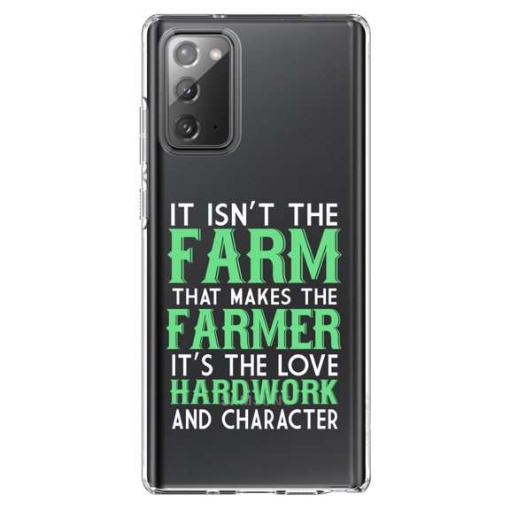 DistinctInk Clear Shockproof Hybrid Case for Samsung Galaxy Note 20 (6.7" Screen) - TPU Bumper Acrylic Back Tempered Glass Screen Protector - Hard Work & Character Make the Farmer