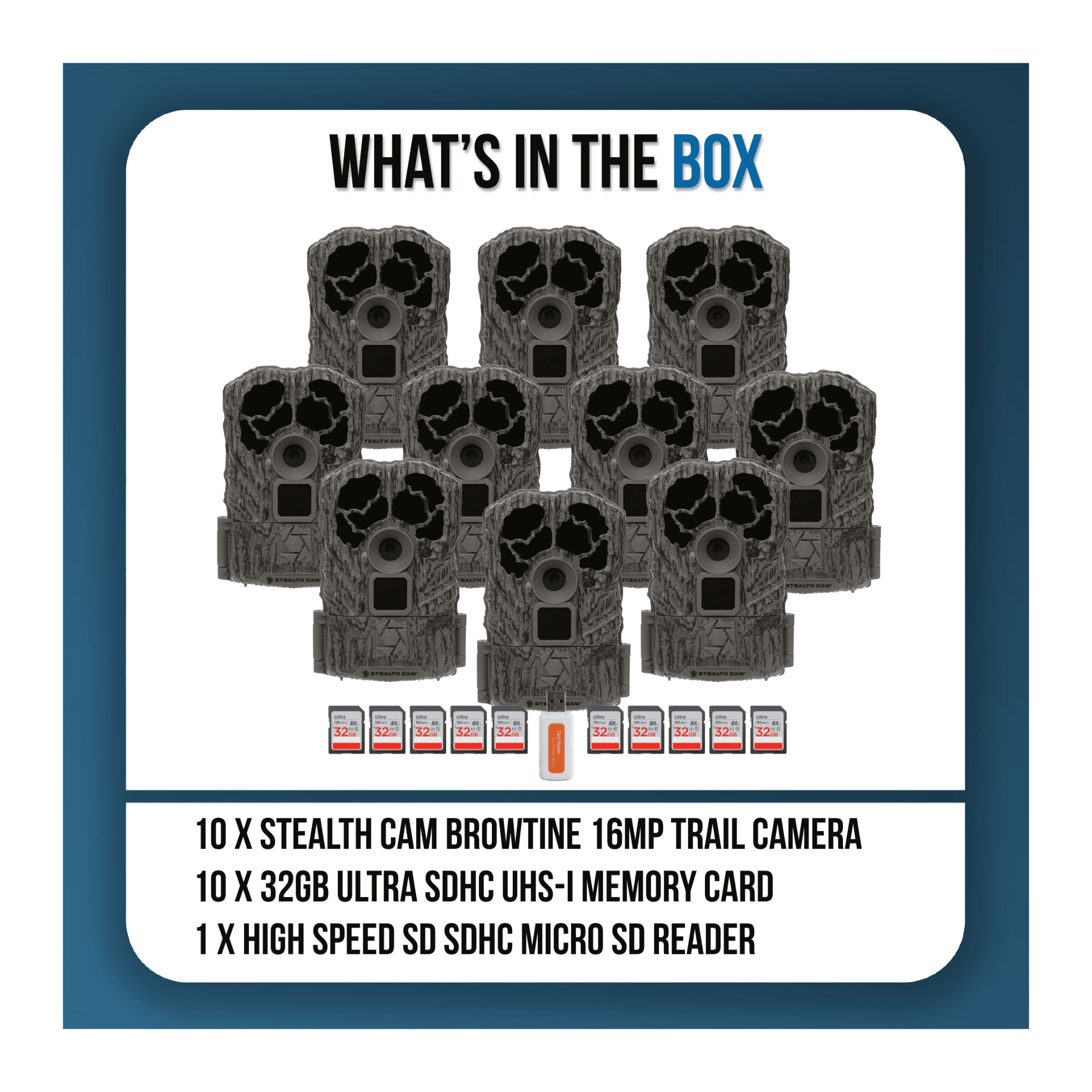Stealth Cam Browtine 16MP Durable Trail Camera Bundle with 32GB Ultra SDHC UHS-I Memory Card, and High-Speed Card Reader (10-Pack, 21 Items)