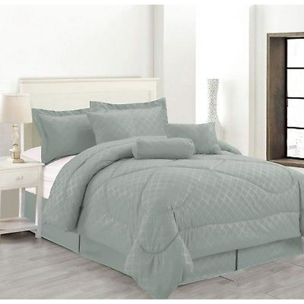 7 Piece Solid Luxury Hotel Comforter Set Bed In A bag - Gray - Queen ...