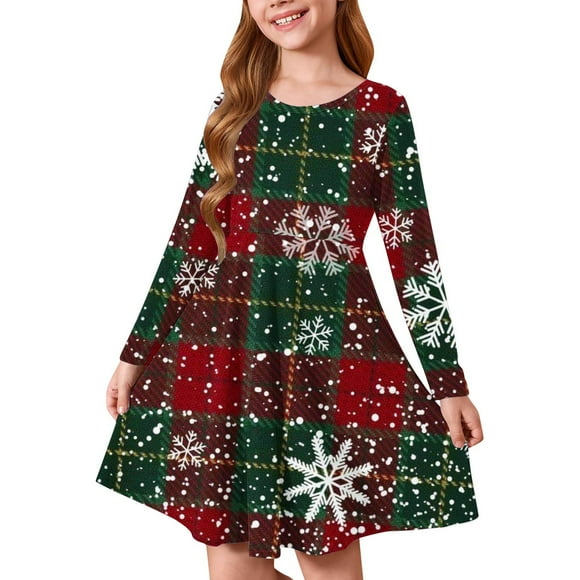 Christmas Clearance!pstuiky Christmas Dress for Girls, Long Sleeve Round Neck Stretchy Dress a Line Dress from for 2-8 Ages