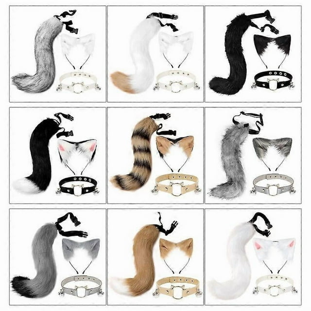 Fluffy Animal Ears Headband Furry Ears Hair Hoop Necklace Tail Set Leather Choker for Halloween Party Fancy Dress