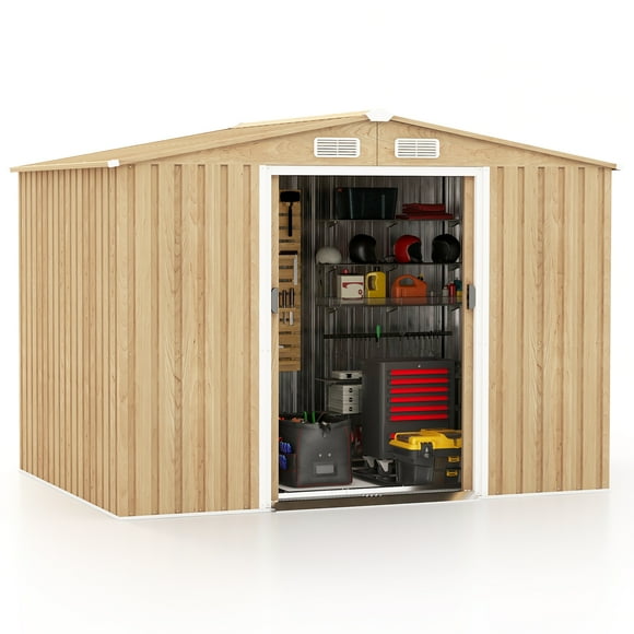 Costway 8 × 6 FT Outdoor Storage Shed Galvanized Steel Shed with Base Floor Wood Grain