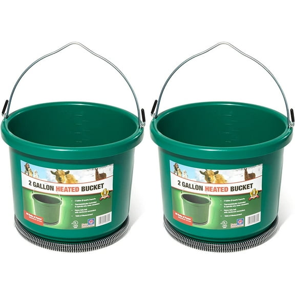 Farm Innovators Heated Bucket HB-60 - Built-In Thermostat, Anti-Chew Cord - 2 Pack, 2 Gal, Green