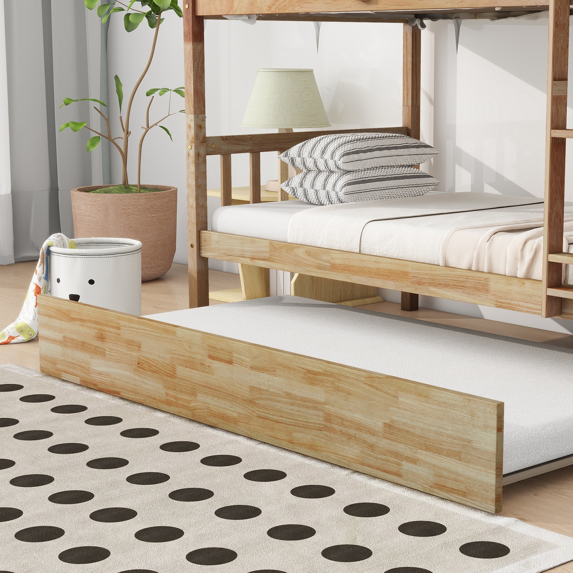 PORKISS Bunk Bed with Trundle, Twin Over Twin Bunk Bed Frame Can Convertible 2 Platform Bed, Wood Bunk Bed Built-in Ladder for Kids Teens Adults, Oak