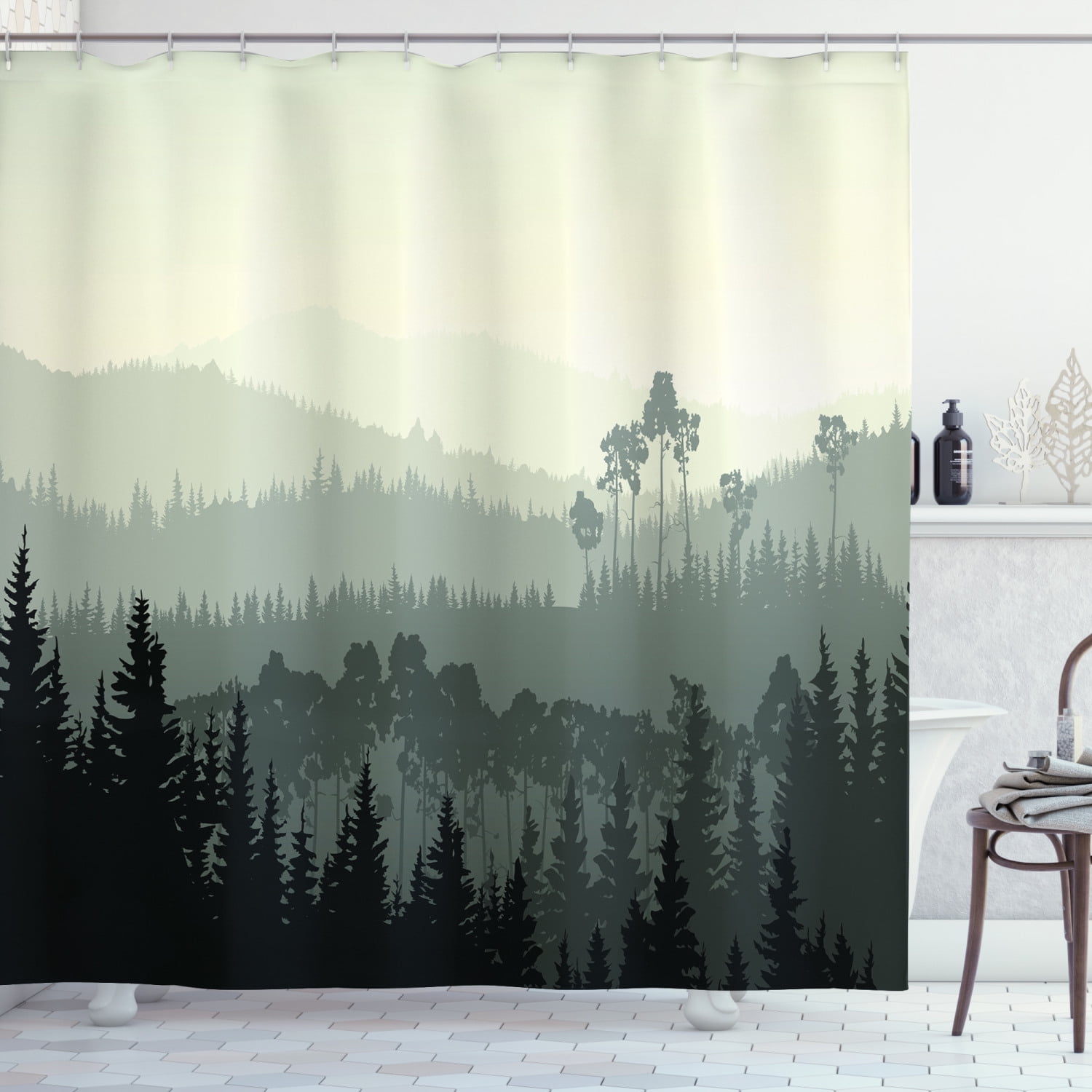 Elk House In Mountain Forest Bathroom Shower Curtain Fabric w/12 Hooks 71*71inch 