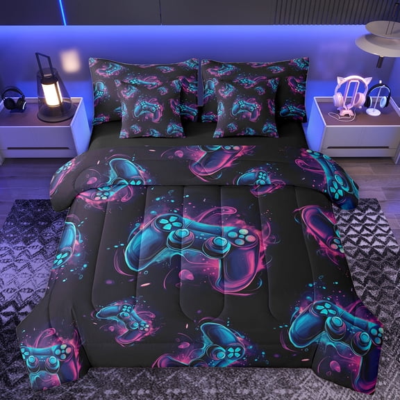 Homewish Teens Futuristic Gamepad Twin Bedding Sets 7-Piece, Game Console Lover Bedding Comforter Set, Cartoon Game Player Reversible Sheet Sets, Black Blue Lightweight Room Decor