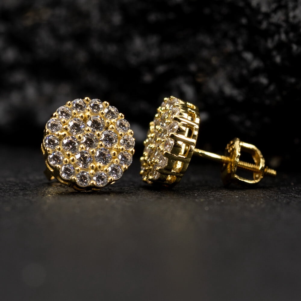 Yellow Gold Plated 925 Sterling Silver Screw Back Post Round Hip hop CZ Cluster Screw Back Circle Shape Ice Out Stud Earrings