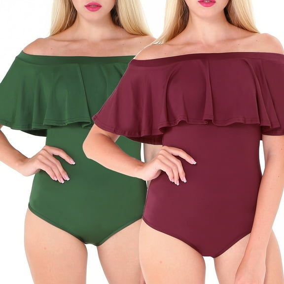 Travelwant Women Off Shoulder One Piece Swimsuits Tummy Control Bathing Suits Vintage Ruffle Swimwear Teen Girls