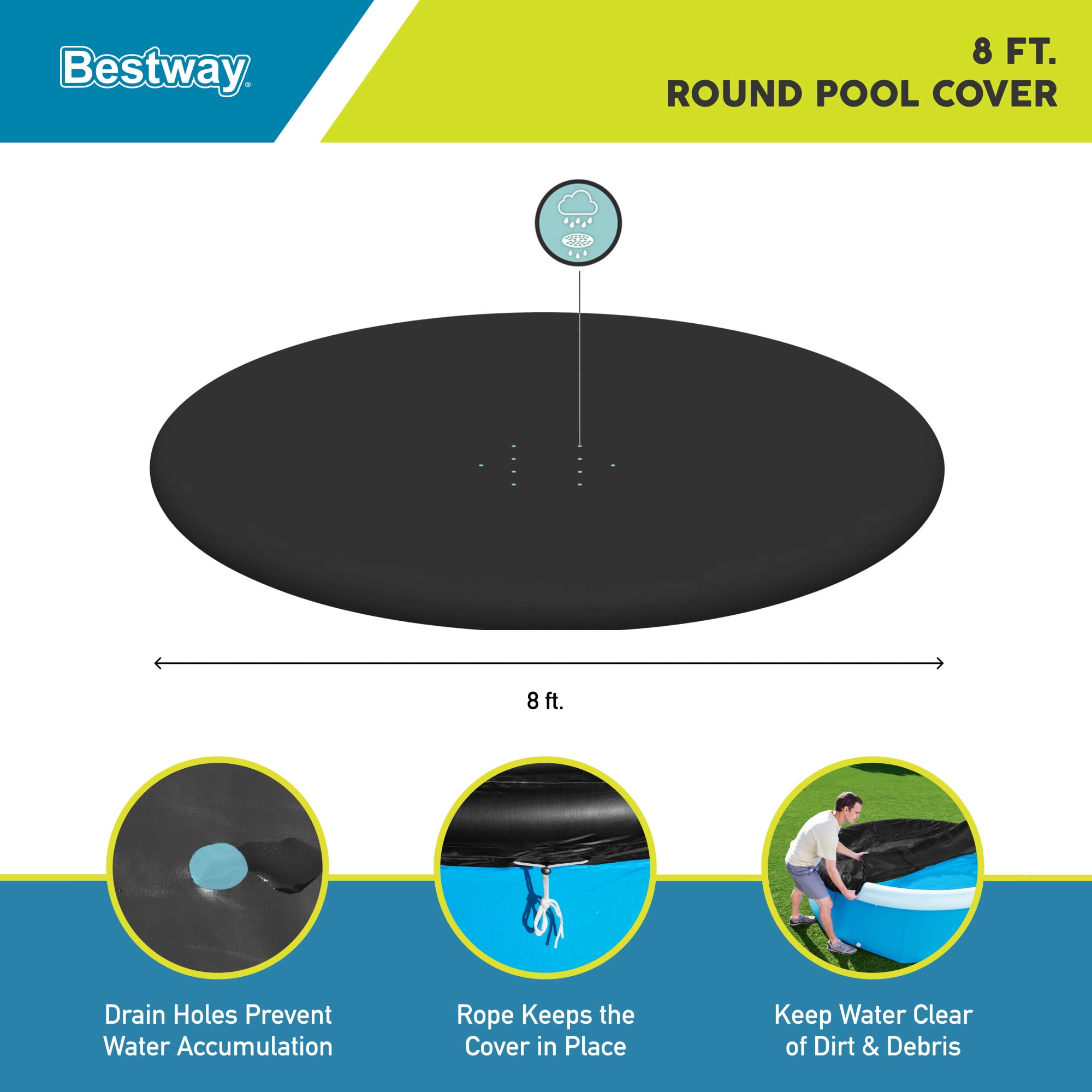 Bestway: 8' Round Pool Cover - Above Ground Pool Protector, Clear Water Maintenance Accessory, Drain Holes & Secure Rope, Durable PVC, Keep Out Debris