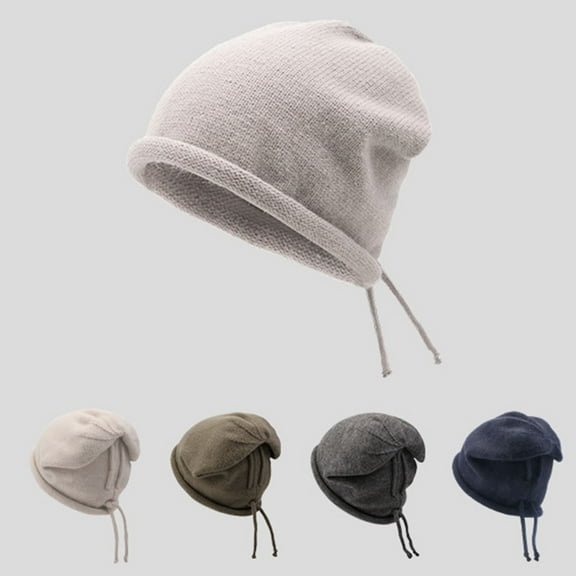 Naierhg Beanie Women Men Hat Knitting Drawstring Solid Color Soft Piled Decorative Head Protection Elastic Unisex Skull Beanies for Daily WearBeige