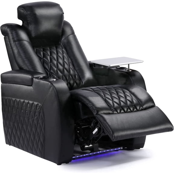 Weilianda Home Theater Seating Top Grain Leather Recliner Chair Dual Power Movie Gaming Sofa Electric Headrest with Tray Table Type-C USB Charge Cup Holders Row of 1 Black