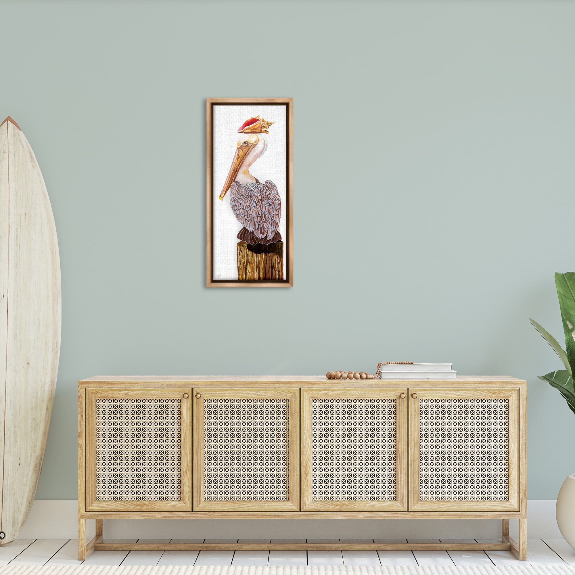 Stupell Industries Nautical Pelican with Sea Shell Animals & Insects Painting Brown Floater Framed Canvas Art Print Wall Art, 15 x 31