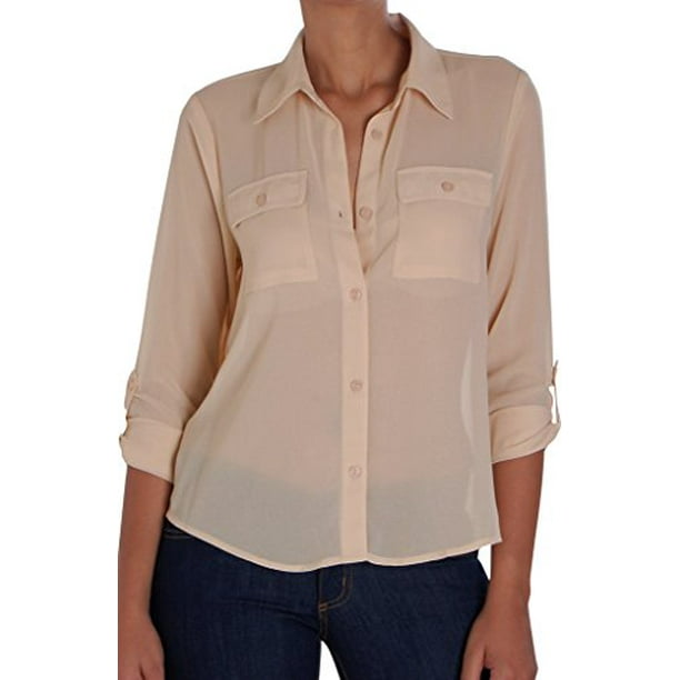 Humble Chic Button Down Pocket Blouse - Tan - LARGE - Chiffon Shirt, - Walmart.com