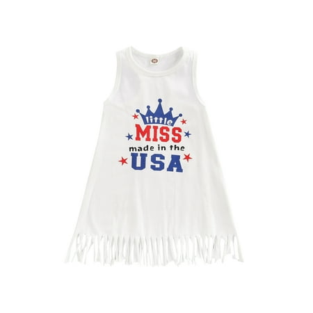 

Bebiullo 1-5Y Kids Baby Girls Dress Little MISS Made In The USA Letter Print Sleeveless O Neck Tassels Casual Dress Independence Day White 4-5 Years