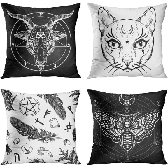 Throw Pillow Covers 20x20 Inches Home Decor Set of 4 Pillow Cases Decorative for Bed Sofa Cushion Couch Outdoor Capricorn Cat Feather Moth Gothic Pillowcases (Black and White)