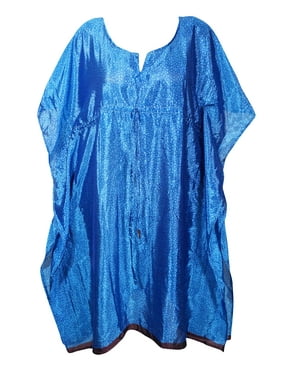 Mogul Women Blue Mid Calf Kaftan Dress Beach Coverup Printed Resortwear Loose Holiday Recycle Sari Caftan Dresses 3X
