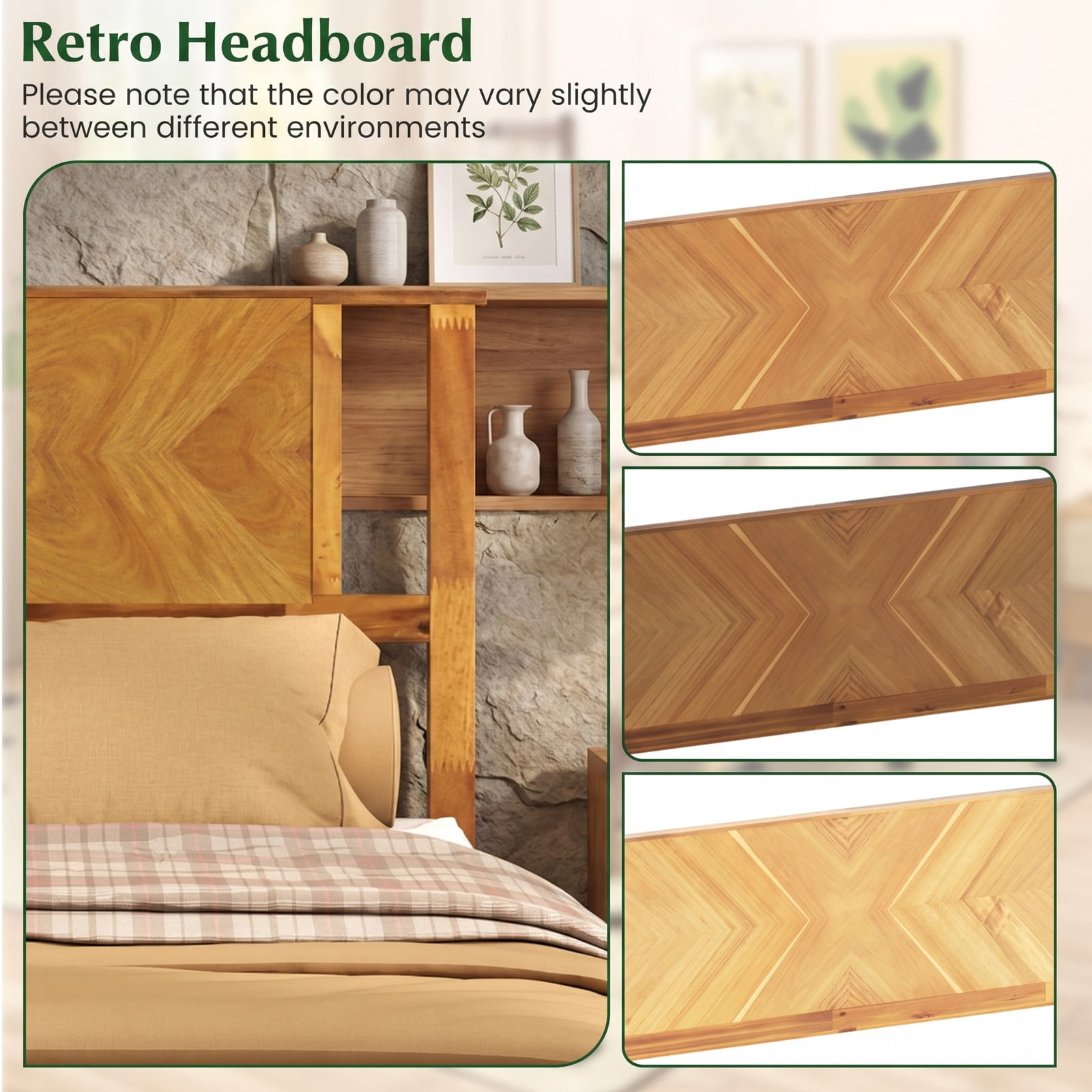Furnibear Queen Size Bed Frame with Mid-Century Headboard, Acacia Wood Platform Bed Frame with Slat Support, Rustic Golden Brown