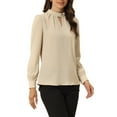 thumbnail image 4 of INSPIRE CHIC Women's Stand Collar Pleated Button Keyhole Button Blouse L Khaki, 4 of 6
