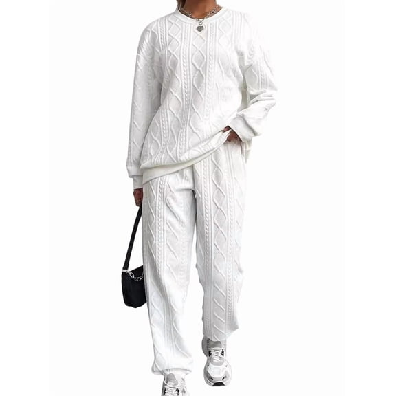 Women Sets 2 Piece Outfits Crewneck Sweatshirts Pullover Tops and Jogger Pants Tracksuits Lounge Set White M
