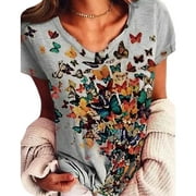 KZKR Women's V Neck T-Shirts Short Sleeve Colorful Butterfly Tees Summer Casual Tops