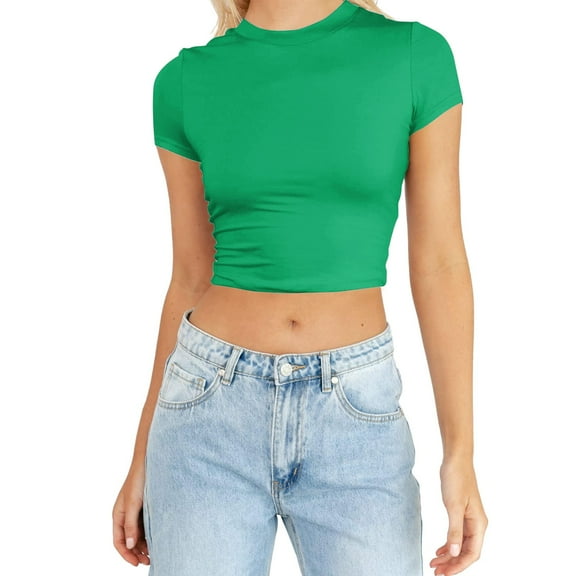 Manxivoo Womens Tops Womens Fashion Summer Short Sleeve Cute Crop Tops Casual Basic Crewneck Slim Fit T Shirts T Shirts for Women Green M