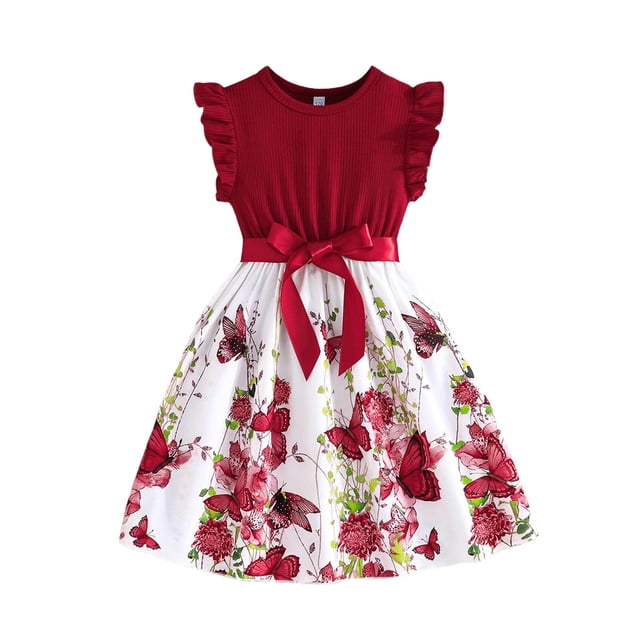Robe Fille Manches à Volants Coupe Trapèze Robes d'Été pour Filles Robe Papillon Robe de Fête pour Filles