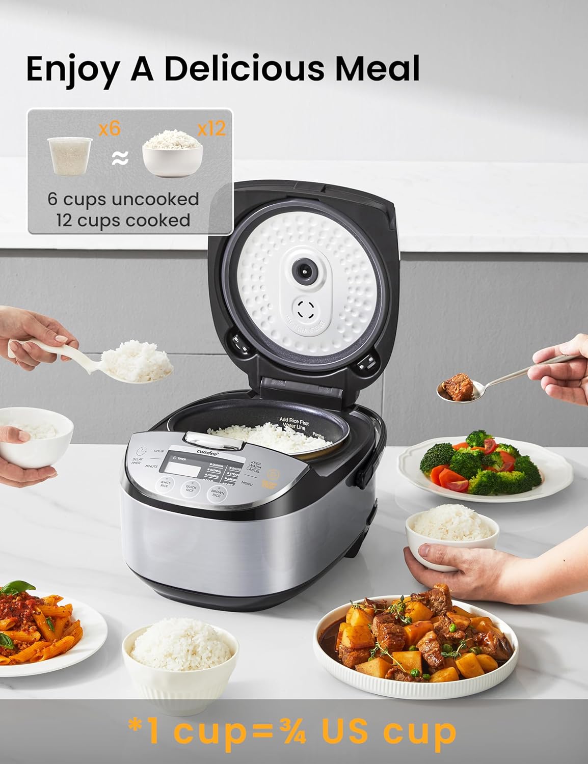 Rice Cooker 12 Cups Cooked/6 Cups Uncooked, Portable Non-Stick Rice Maker with Fuzzy Logic Technology