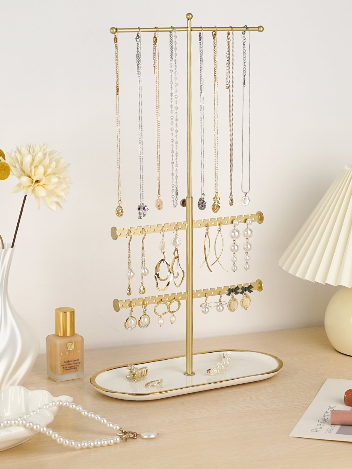 Cirhy Gold Jewelry Organizer Stand with Ceramic Tray – Jewelry Holder for Necklaces, Earrings, Rings & Bracelets, Decorative Jewelry Display for Vanity Dresser, Gift for Women & Girls
