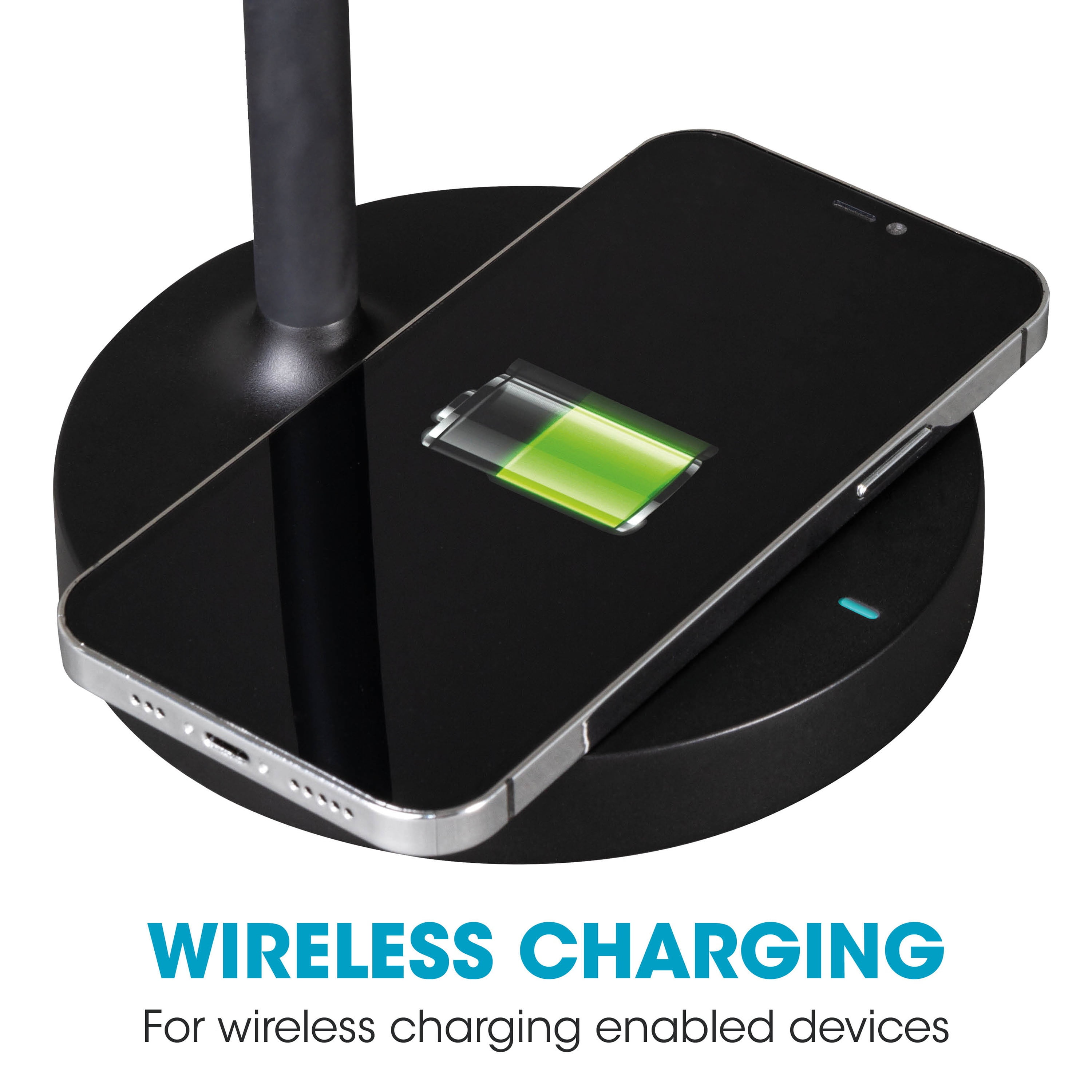 OttLite Gleam LED Desk Lamp with Wireless Charging, Dimmable, Black with Wood Accent, 3 Color Modes