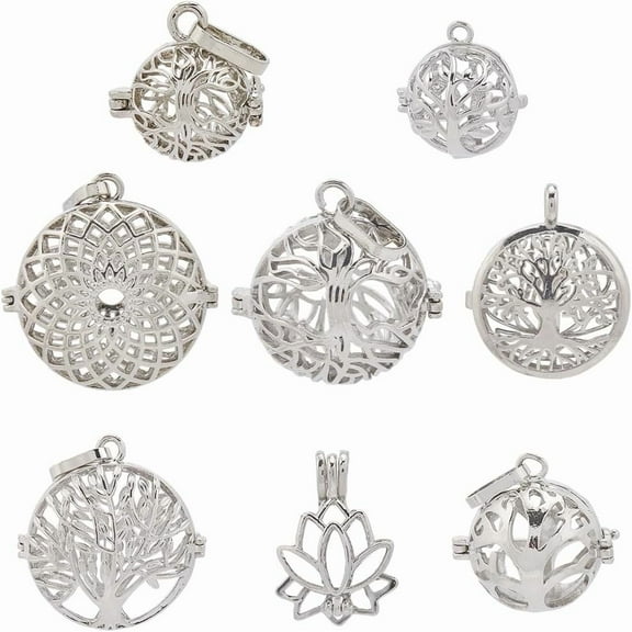8Pcs 8 Styles Small Cage Charms Locket Pendants Bulk Silver Crystal Hollow Chime Ball Lotus Brass Openable Stone Holder Pendant Charms Supplies DIY Necklace Craft Women