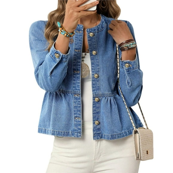Chaqueta Vaquera Peplum para Mujer, Sin Cuello, Cuello Redondo, Abotonada, Corta, con Bajo Volantes M