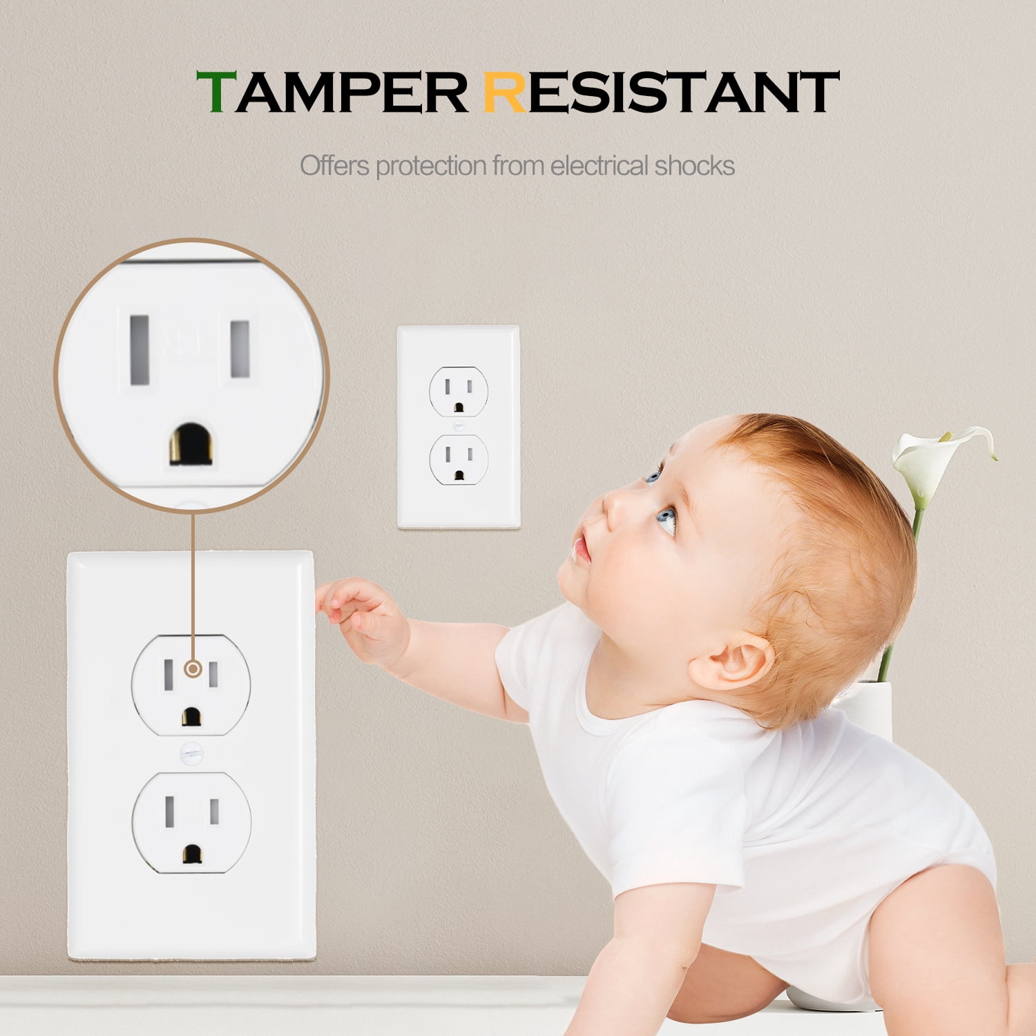 ENERGETIC Standard PC Duplex Outlet Receptacle, Tamper Resistant, 15A, 125V, 3-Wire, 2-Pole, Residential Grade White (10-Pack)