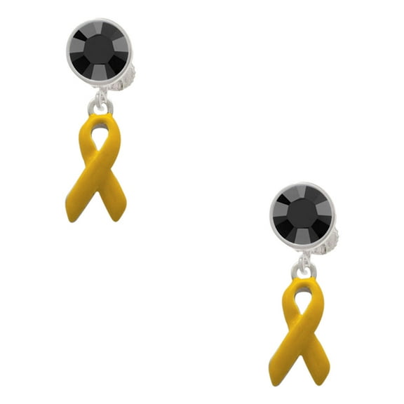 Delight Jewelry Silvertone Yellow Ribbon Black Crystal Clip on Earrings