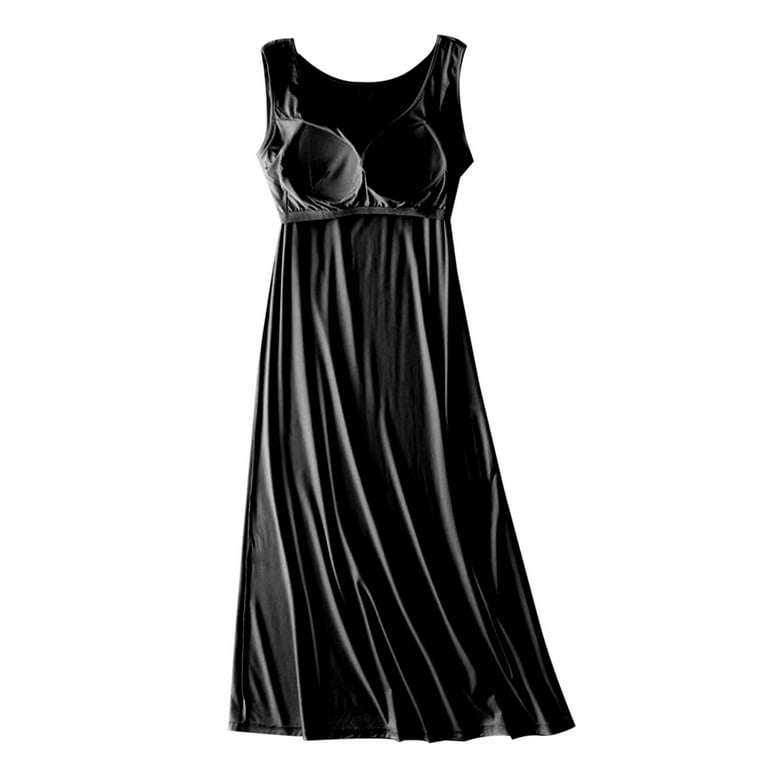 Nightgowns for Women Built in Bra Sleeveless Midi Pajama Dress Sleepwear  Lounge Long Dresses Solid Color Homewear (Large, Gray)