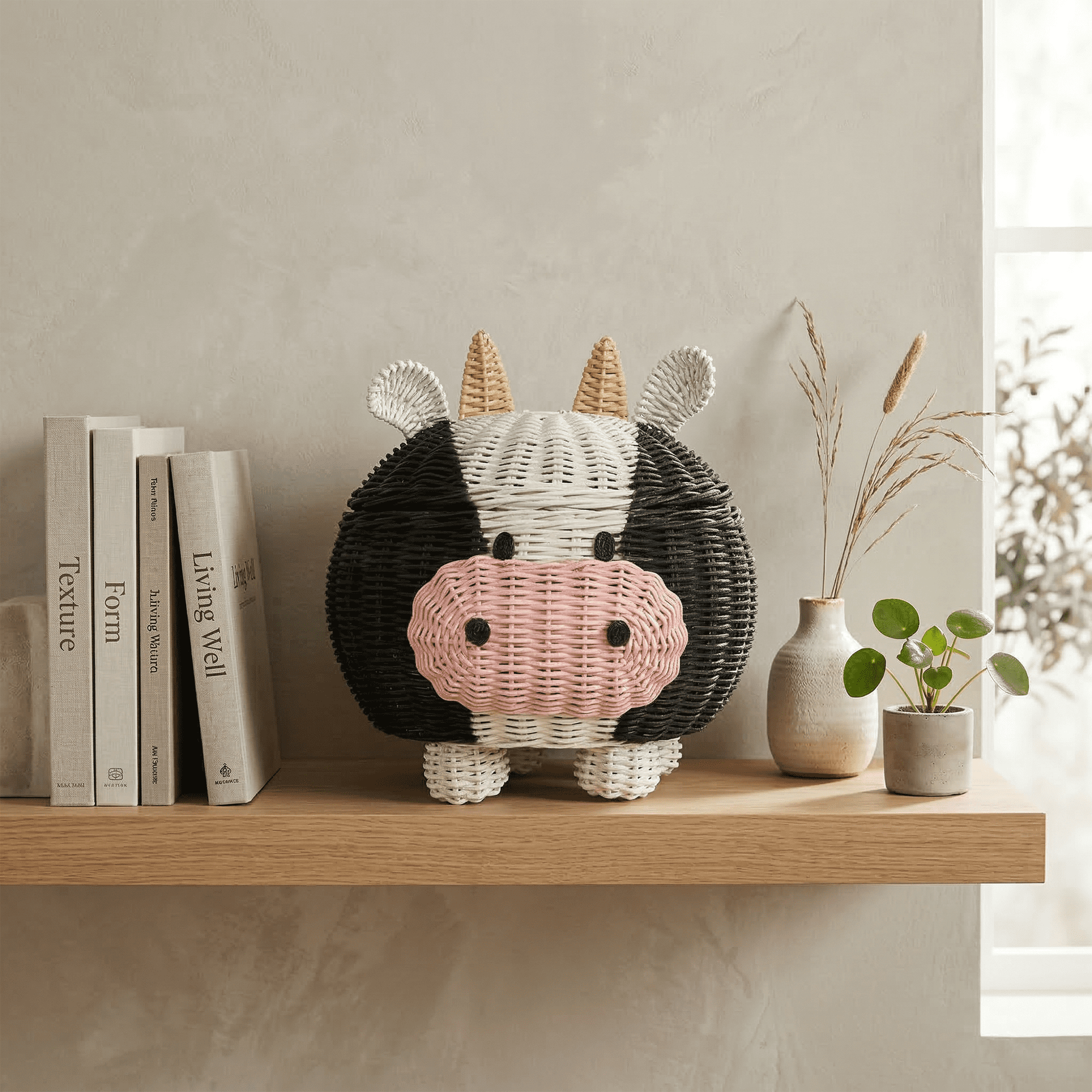 Cow Rattan Storage Basket with Lid Decorative Bin Home Decor Hand Woven Shelf Organizer Cute Handmade Handcrafted Gift Art Decoration Artwork Wicker