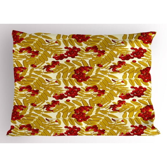 Rowan Pillow Sham Juicy Ripe Rowan Fruits with Golden Colored Leafage Tasty Foliage in Wilderness, Decorative Standard King Size Printed Pillowcase, 36 X 20 Inches, Gold Red White, by Ambesonne
