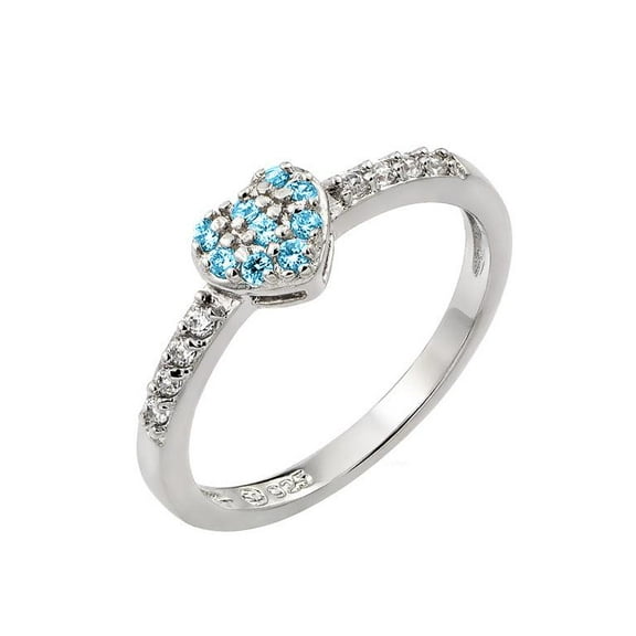Rhodium Plated 925 Sterling Silver December Simulated Heart Ring Blue CZ Jewelry Female Size 6