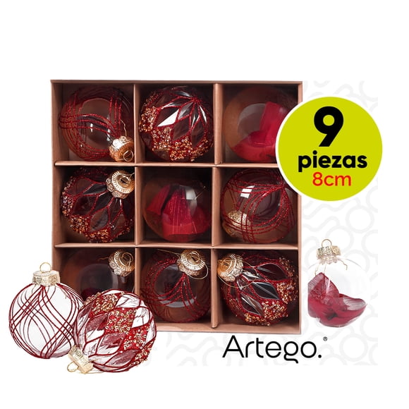Esferas para árbol de navidad Artego de 8 cm de diámetro paq 9 esferas de plástico Rojo Diamond * Línea Handmade acabado crystal pintadas a mano 3 estilos, para colgar Christmas ornaments