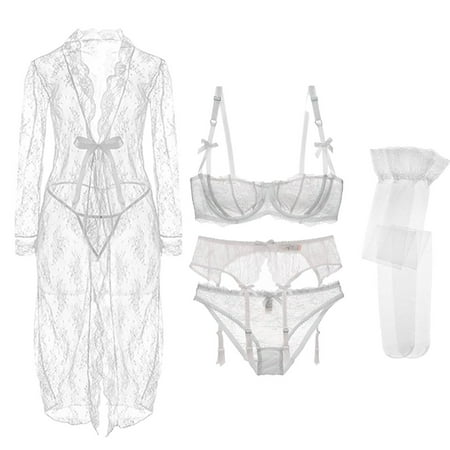 

Women s Sexy Lace Embroidery Bra Underwire Balconette Bra Set and Robe 6 piece