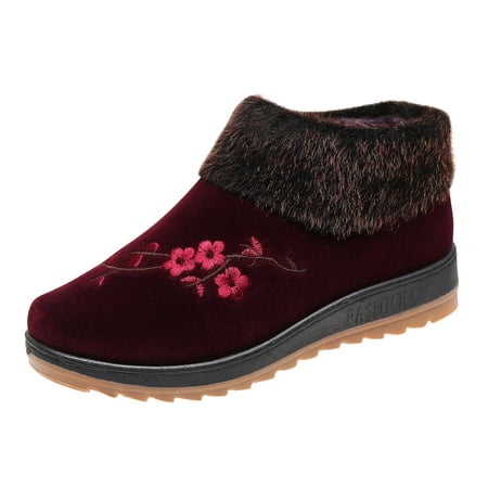

GNEIKDEING Winter Women Snow Boots Flat Soles Thick Soles Non Slip Round Toe Suede Embroidery Flowers Soft Plush Warm Casual Style Gift on Clearance