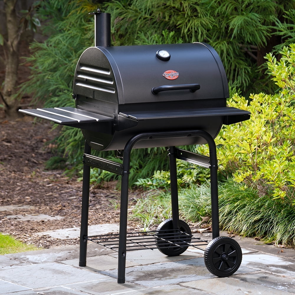 Char-Griller Wrangler Charcoal Grill, Metal Front and Side Shelf, Black, Compact Barrel Grill