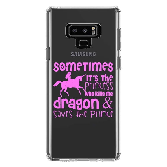 DistinctInk Clear Shockproof Hybrid Case for Samsung Galaxy Note 9 - TPU Bumper Acrylic Back Tempered Glass Screen Protector - Sometimes It's the Princess Who Kills the Dragon