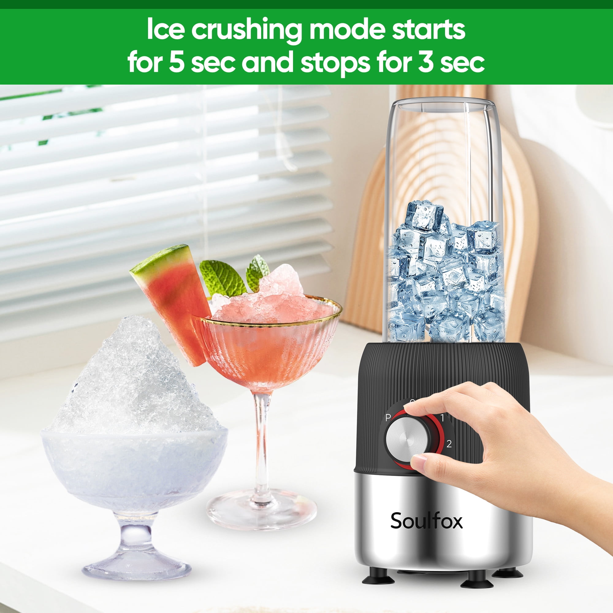 Soulfox Personal Blender for Smoothies 500W Portable Mini Corded 4 Blades 23oz Juicer 7oz Grind Cup