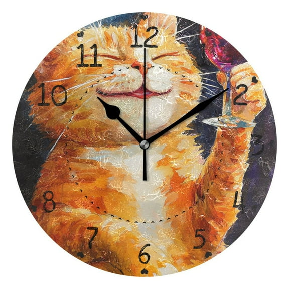 Relax Elegant Orange Cat Round Wall Clock Silent Battery Operated Home Decor for Living Room Bedroom