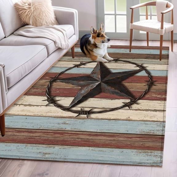Western Texas Star Vintage Area Rugs 3'x5', Small Throw Rugs for Living Room Bedroom, Country Farmhouse Star Wooden Brown Indoor Outdoor Rug Non-Slip Low Pile Carpet Runner Reversible Floor Mats