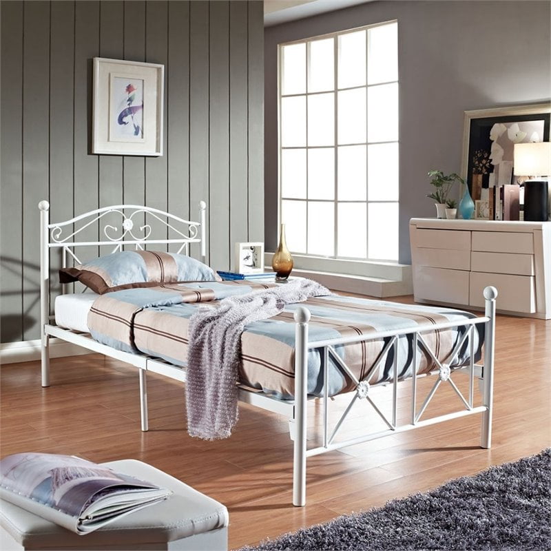 Modway Cottage Twin Bed with Tubular Iron Design in White