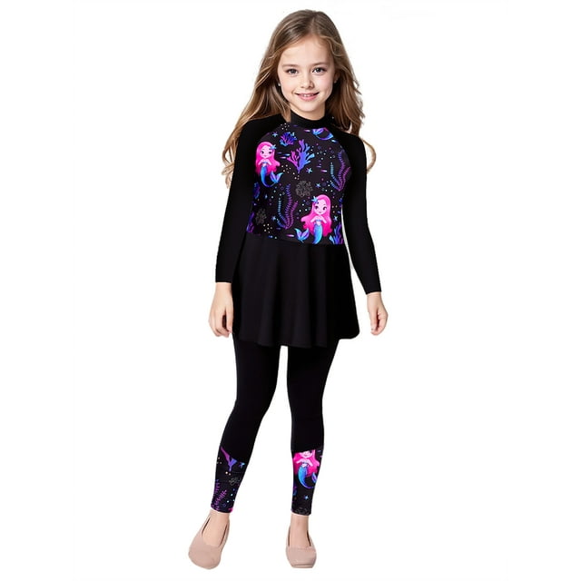 TSSOE Girls Swimsuit Dress with Swim Pants Legging Rashguard Set Kids Beach Surfing Bathing Suit Black 16