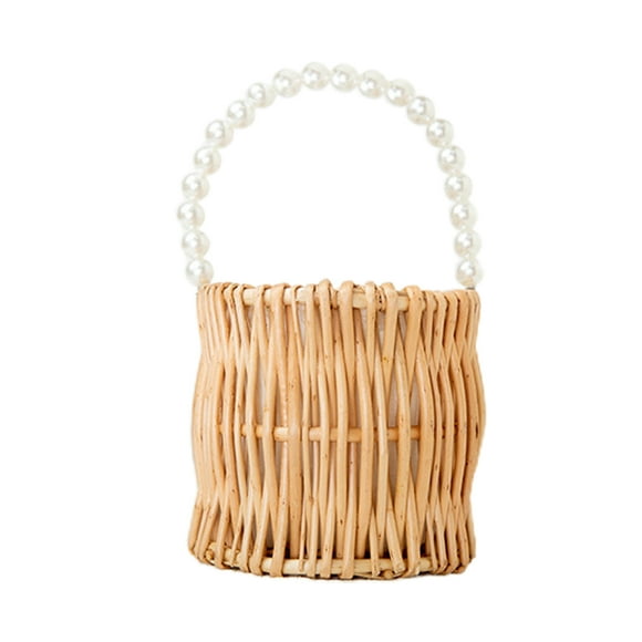 Wicker Wedding Flower Girl Baskets Pearl Wicker Rattan Flower Basket Handwoven Basket Wicker Basket with Handle Straw Purse Wicker Tote