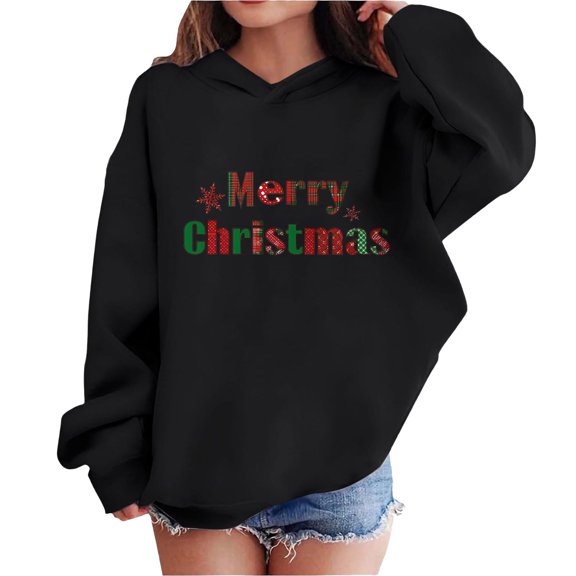 Lorytime Kids Hoodies for Girls Unisex Merry Christmas Sweatshirt Long Sleeve Pullover Drop Shoulder Cute Tops Black