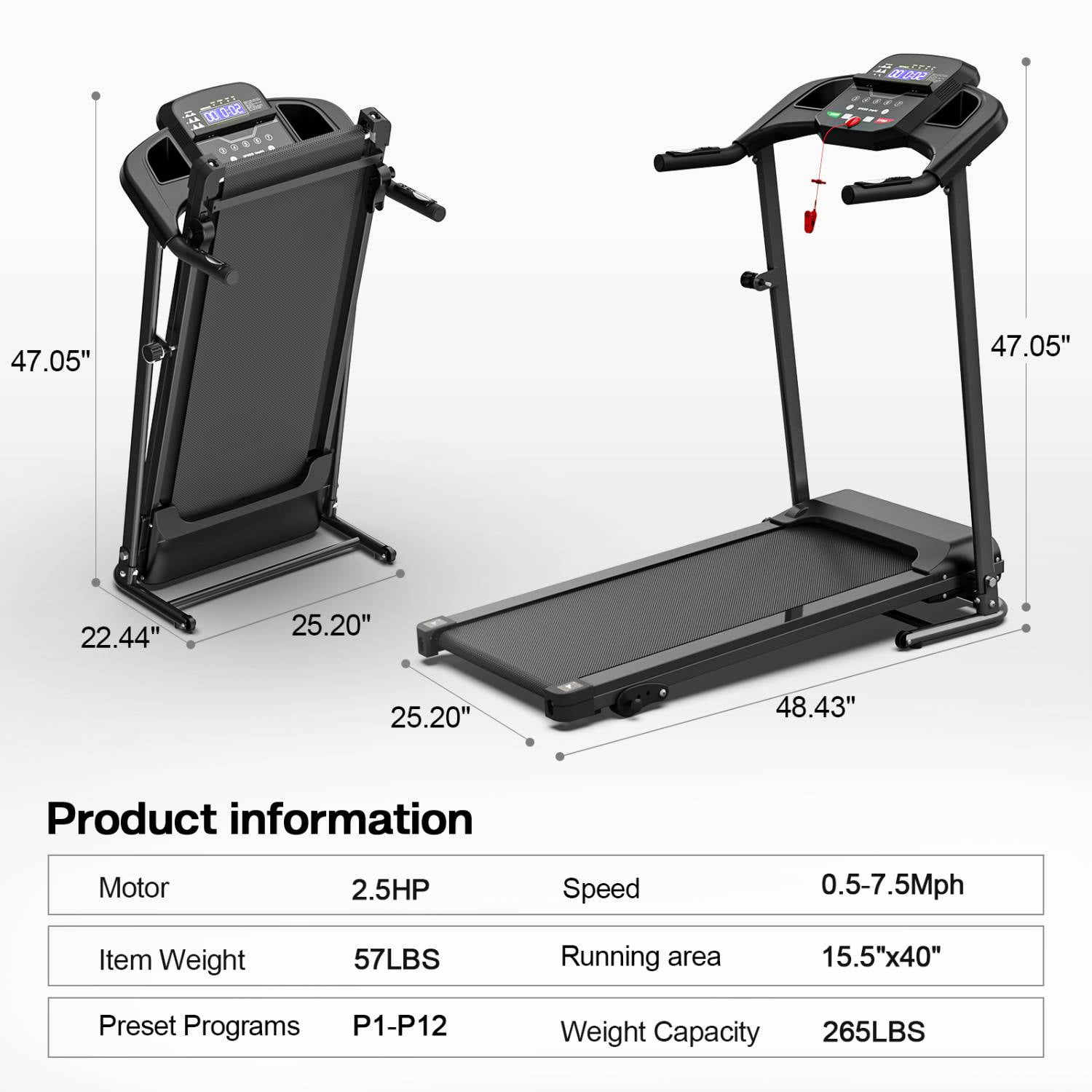 SLOK 2.5HP Folding Treadmill, 7.5MPH Running Machine with 12 Programs & LCD Display, Compact Exercise Equipment for Home Gym, Black